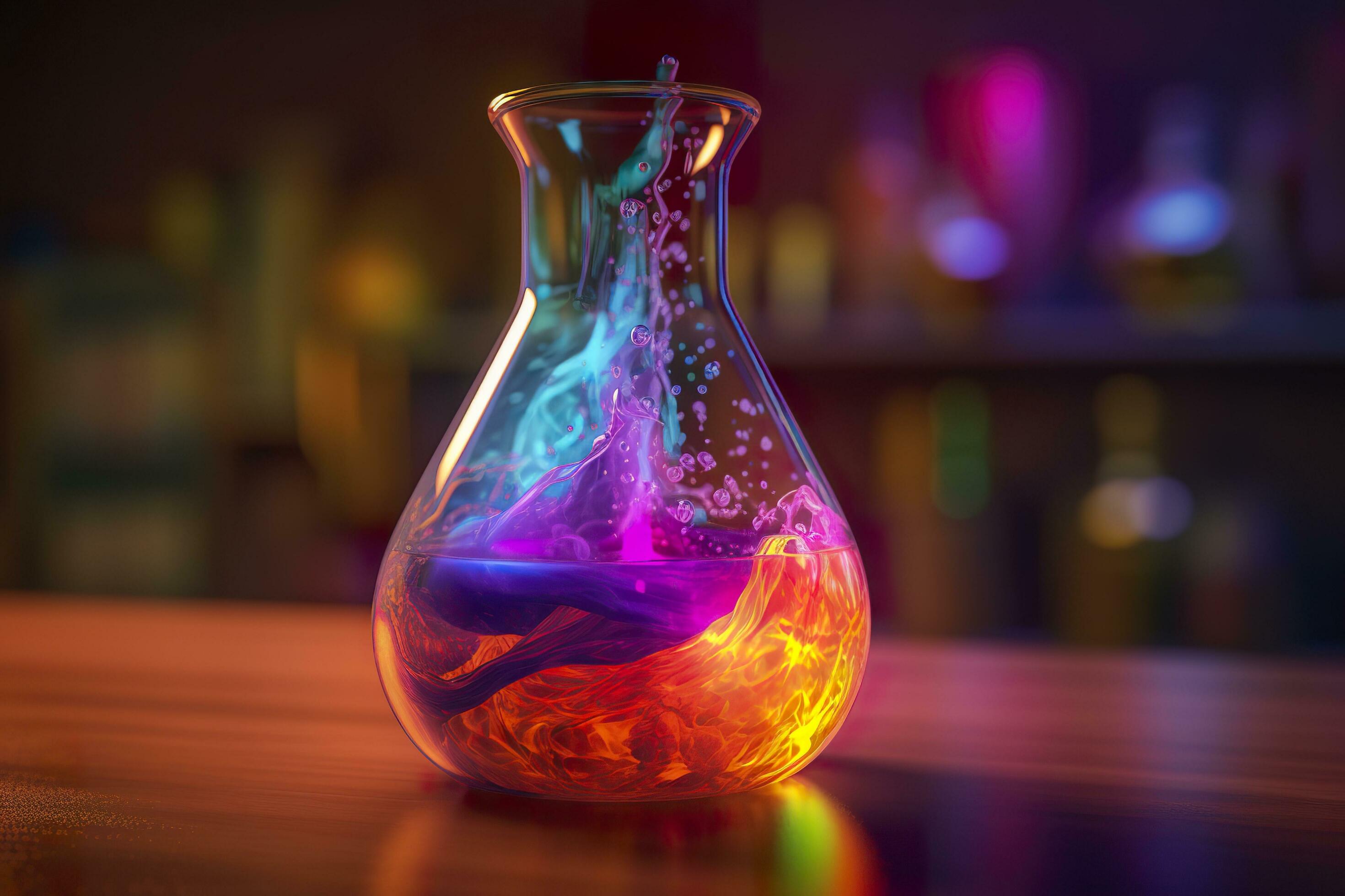 Close Up of a Science Beaker Filled with Multi Colored Liquids. AI Generative Stock Free