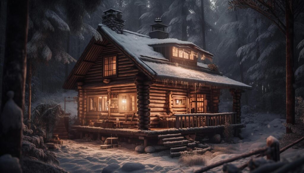 Spooky log cabin in the dark forest generated by AI Stock Free