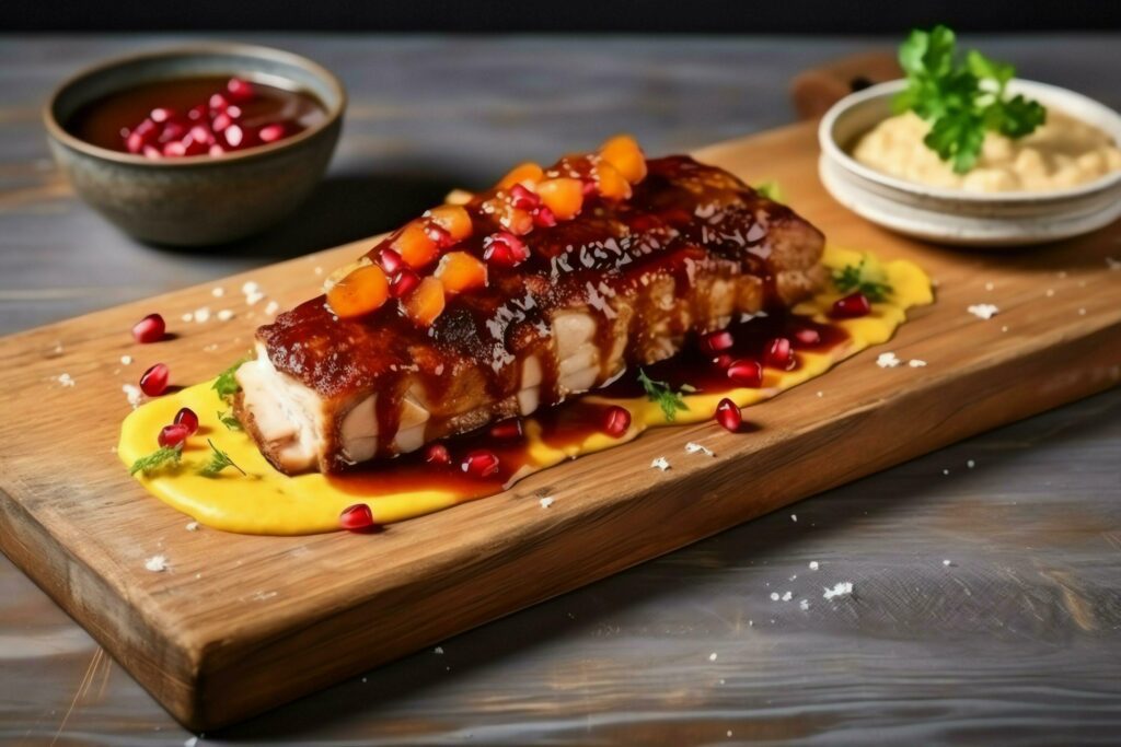 Pork belly braaivleis with mango and chili sauce served on a wooden plank. Restaurant food concept by AI Generated Stock Free