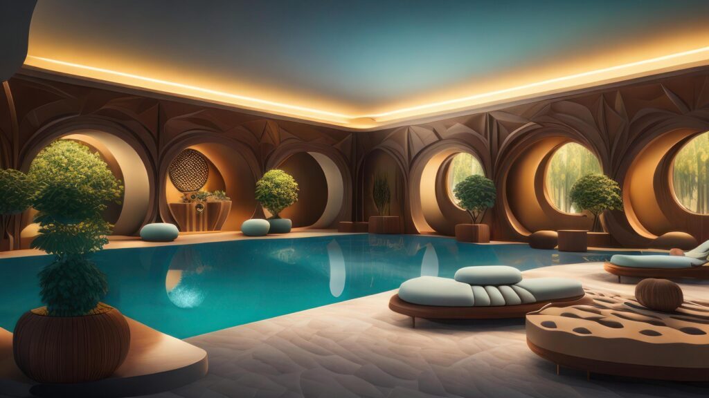 3d rendering of the interior of a hotel with a swimming pool. Stock Free