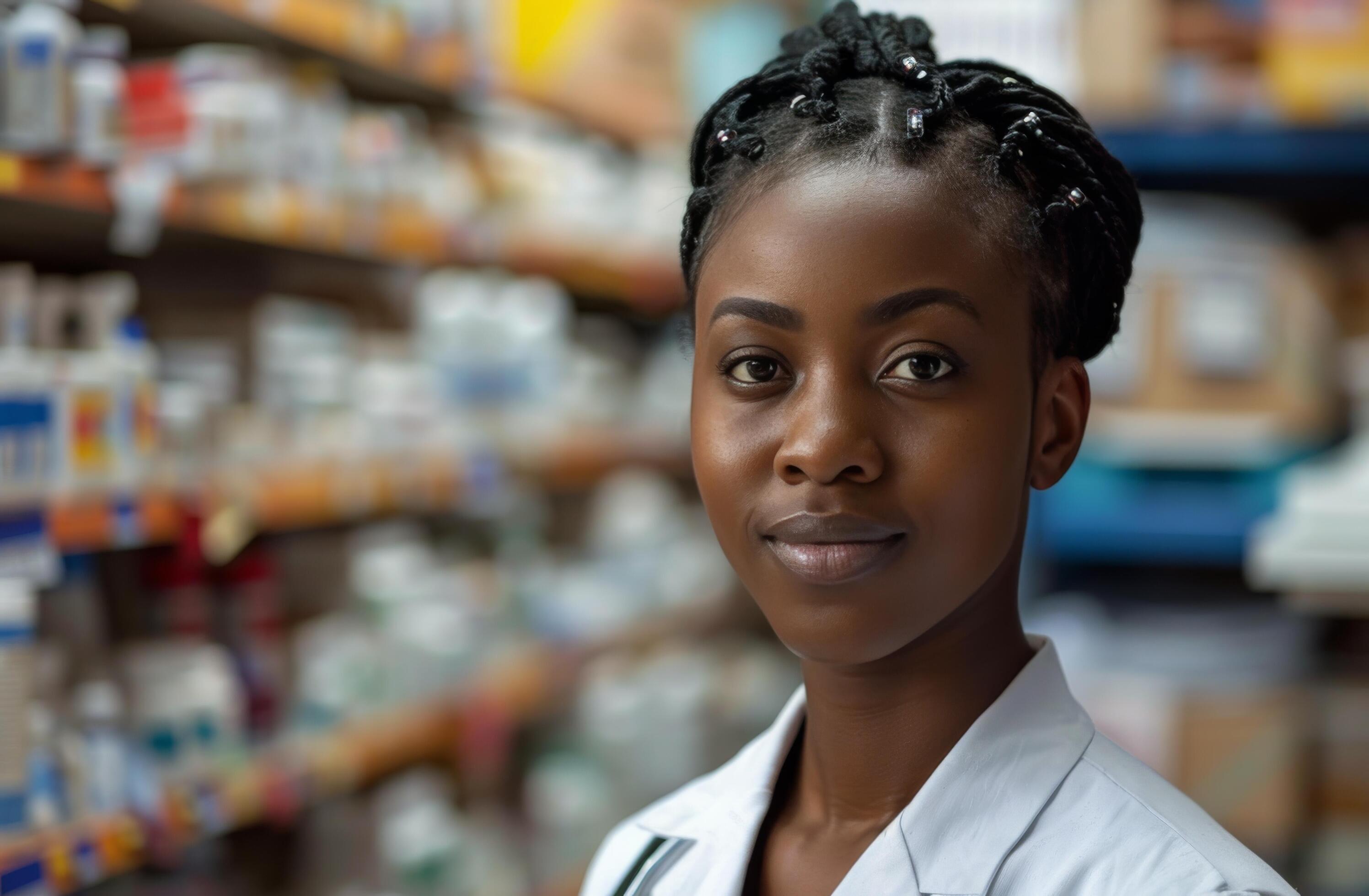 Pharmacist Woman Standing In Pharmacy With Shelves Of Medications Stock Free