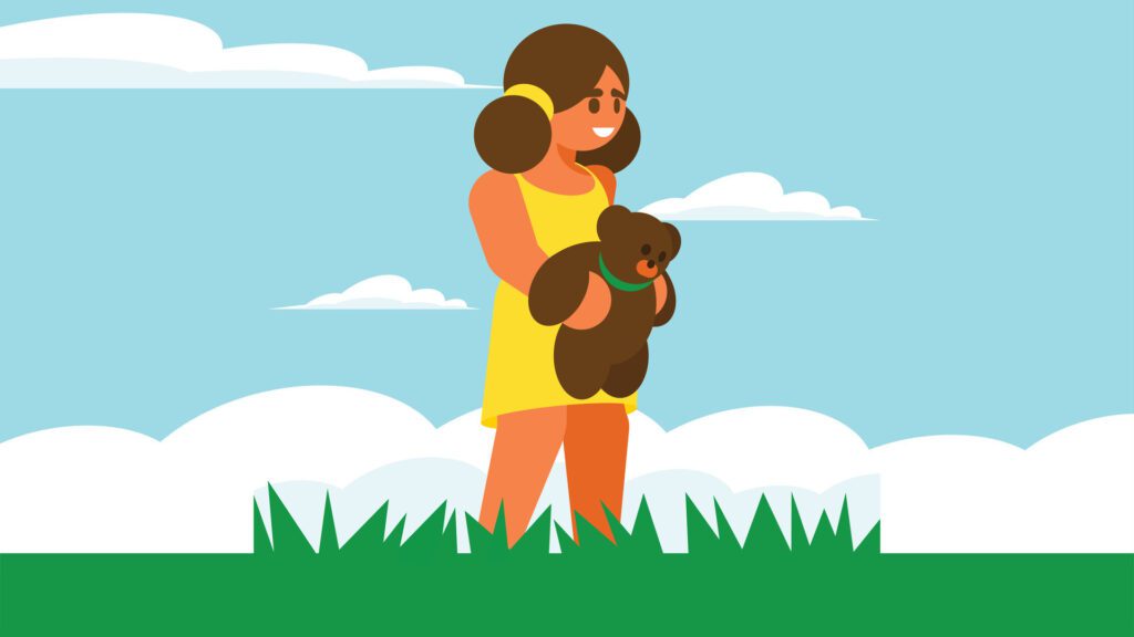 girl hold bear toy in the garden with sky in the background illustration Free Vector