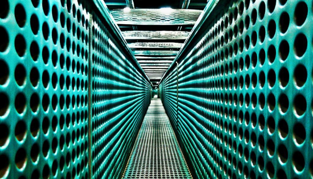 Bright steel tubes in a row, reflecting blue geometric shapes generated by AI Stock Free