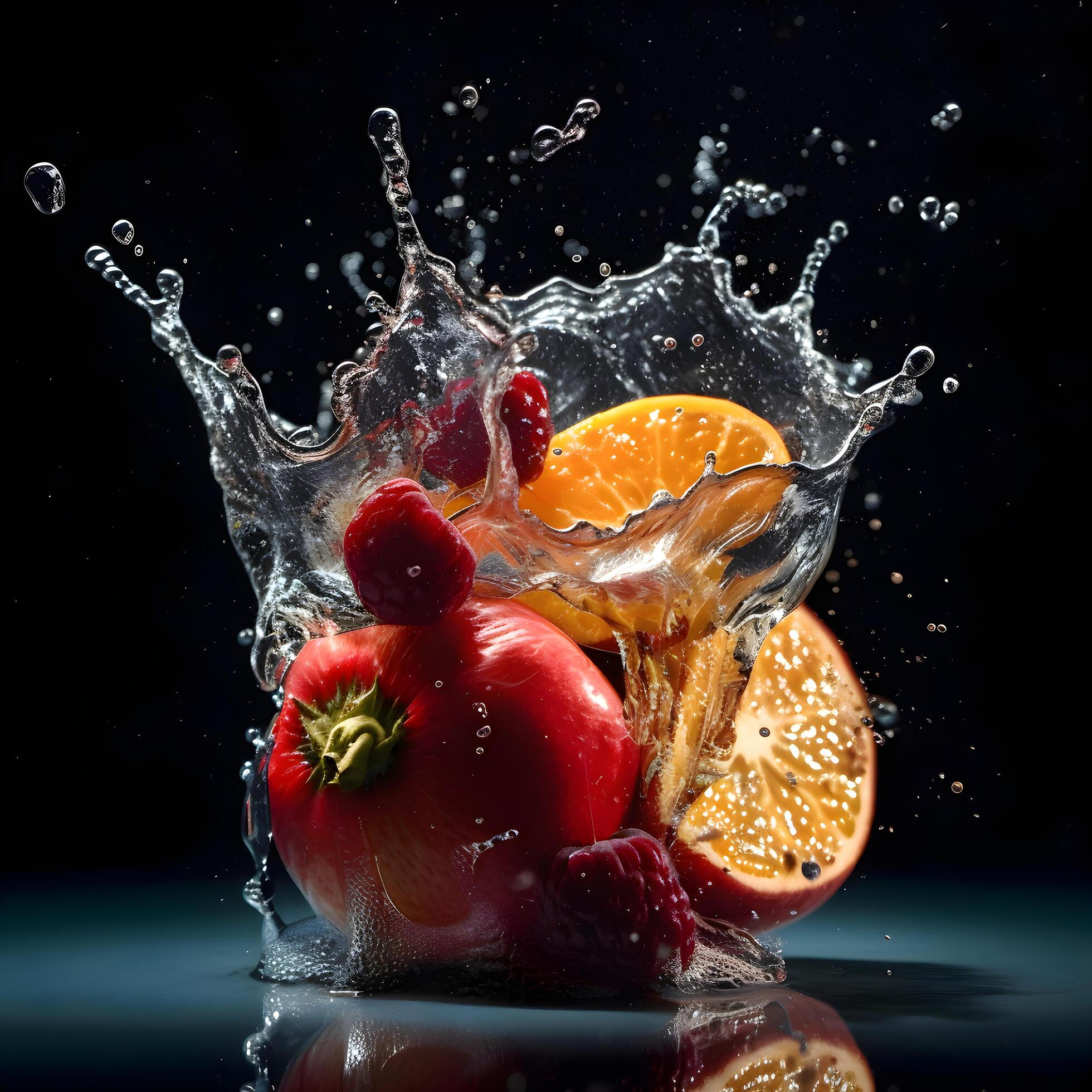 Fruit in water with splash on black background. Healthy food concept., Image Stock Free