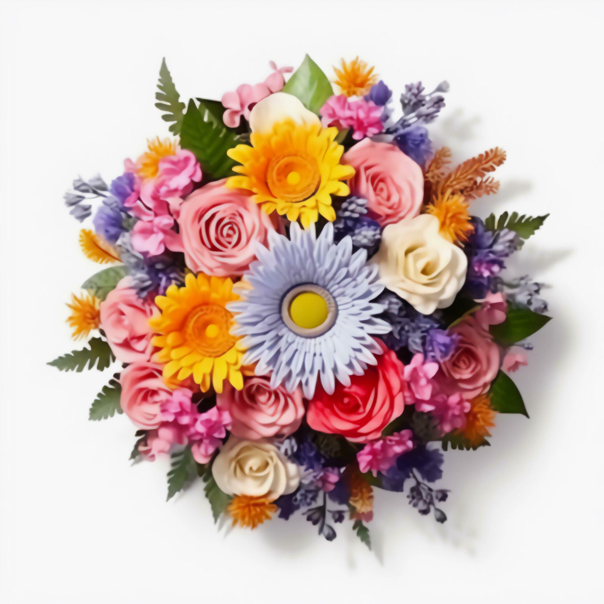 A top view of a bouquet of various colorful flowers. Isolated white background. AI Generated. Stock Free