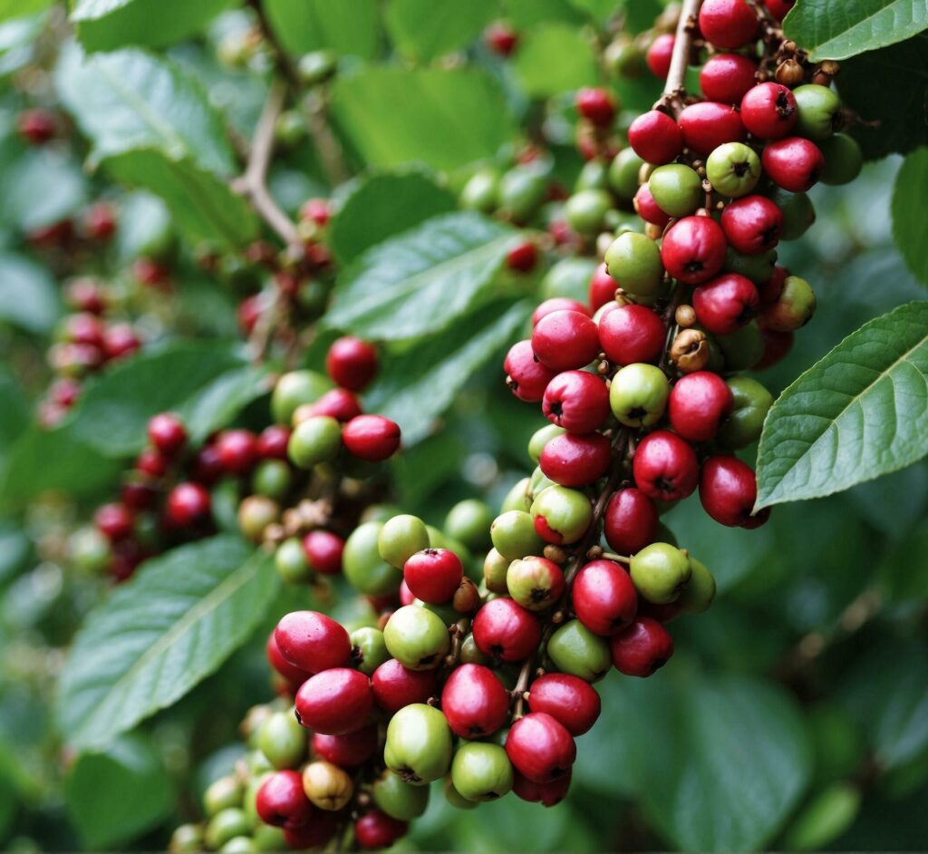 Coffee beans ripening on a branch of a coffee tree Free Photo