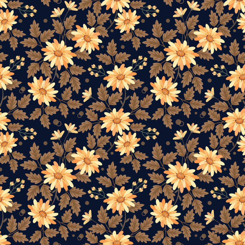 Monochrome yellow flowers on dark color background seamless pattern. Free Vector