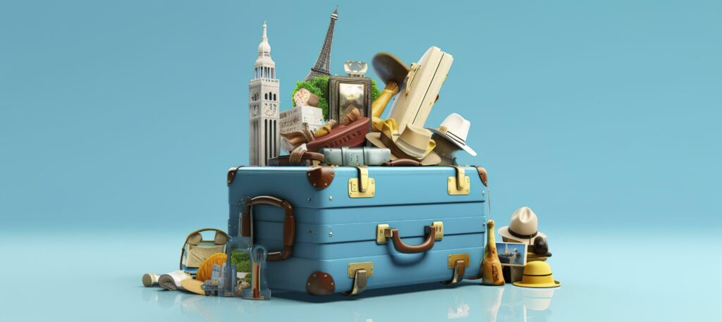 AI generated Blue suitcase full of landmarks and travel accessories on blue background. Generative AI Stock Free