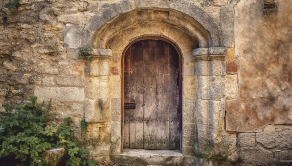 Ancient doorway, weathered arch, rustic lock, abandoned building feature generated by AI Stock Free