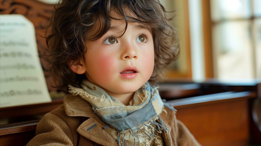 Curious toddler with big eyes looking away in a warmly lit room Free Photo