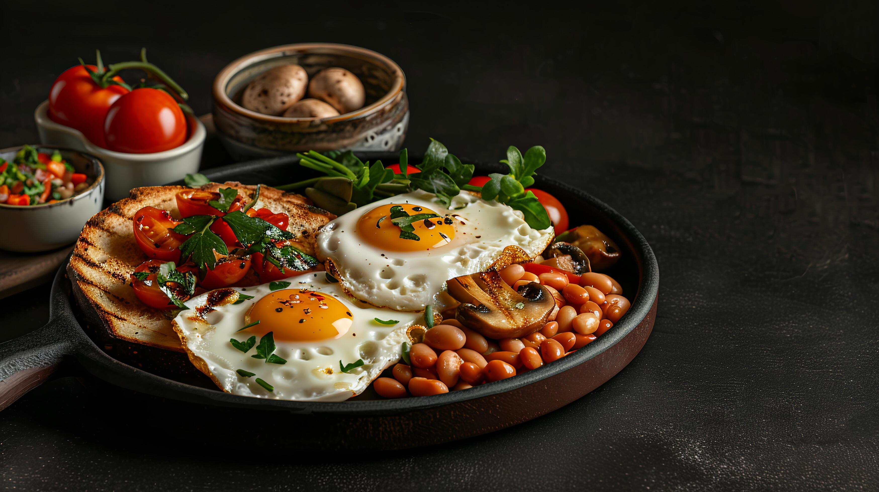 English breakfast platter with fried eggs, baked beans, grilled tomatoes, sauteed mushrooms, and toast. Stock Free