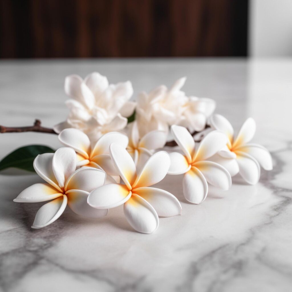 White frangipani flowers on white table Stock Free