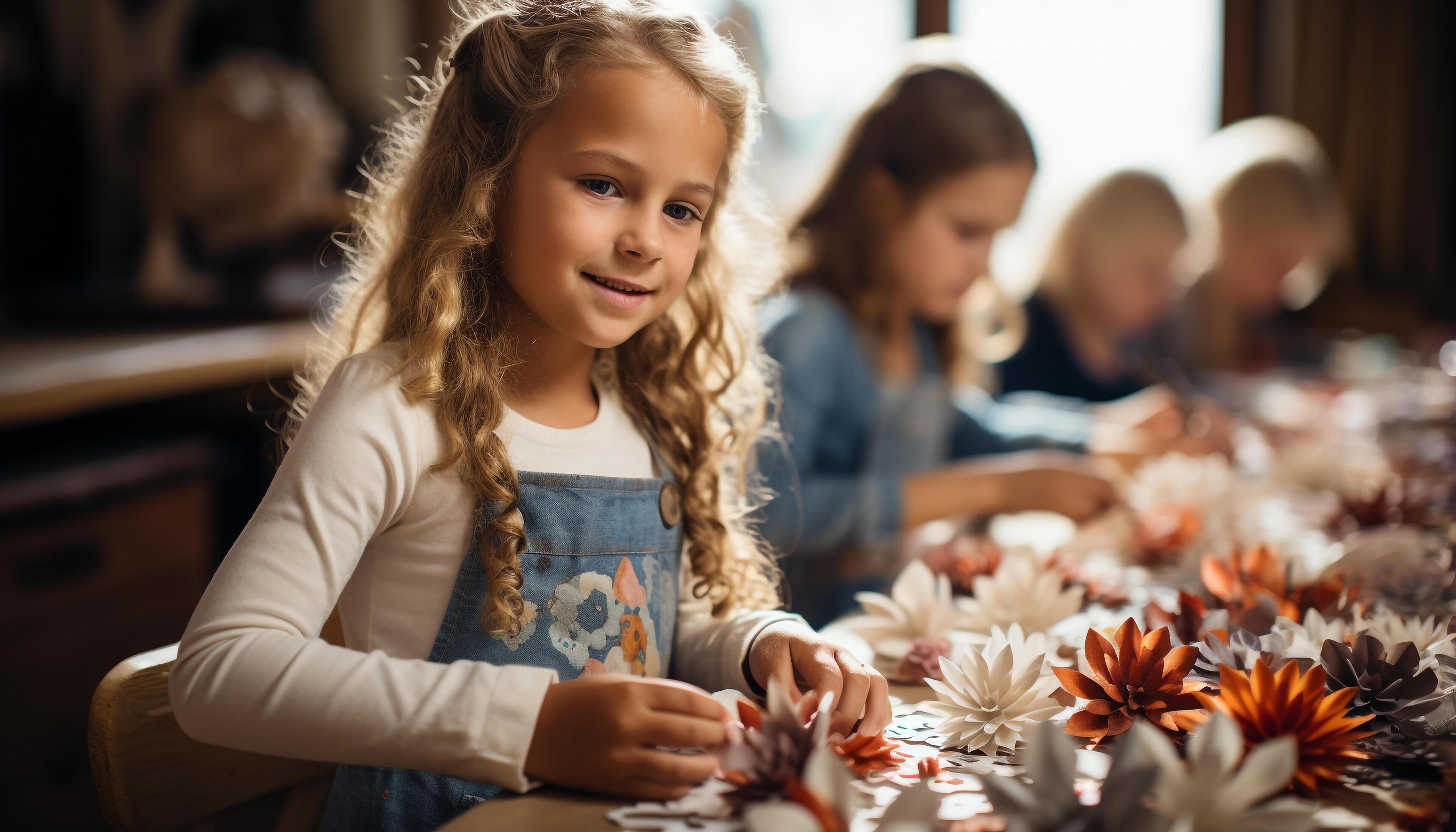 AI generated Smiling girls, cute boys, cheerful family bonding in kitchen generated by AI Stock Free