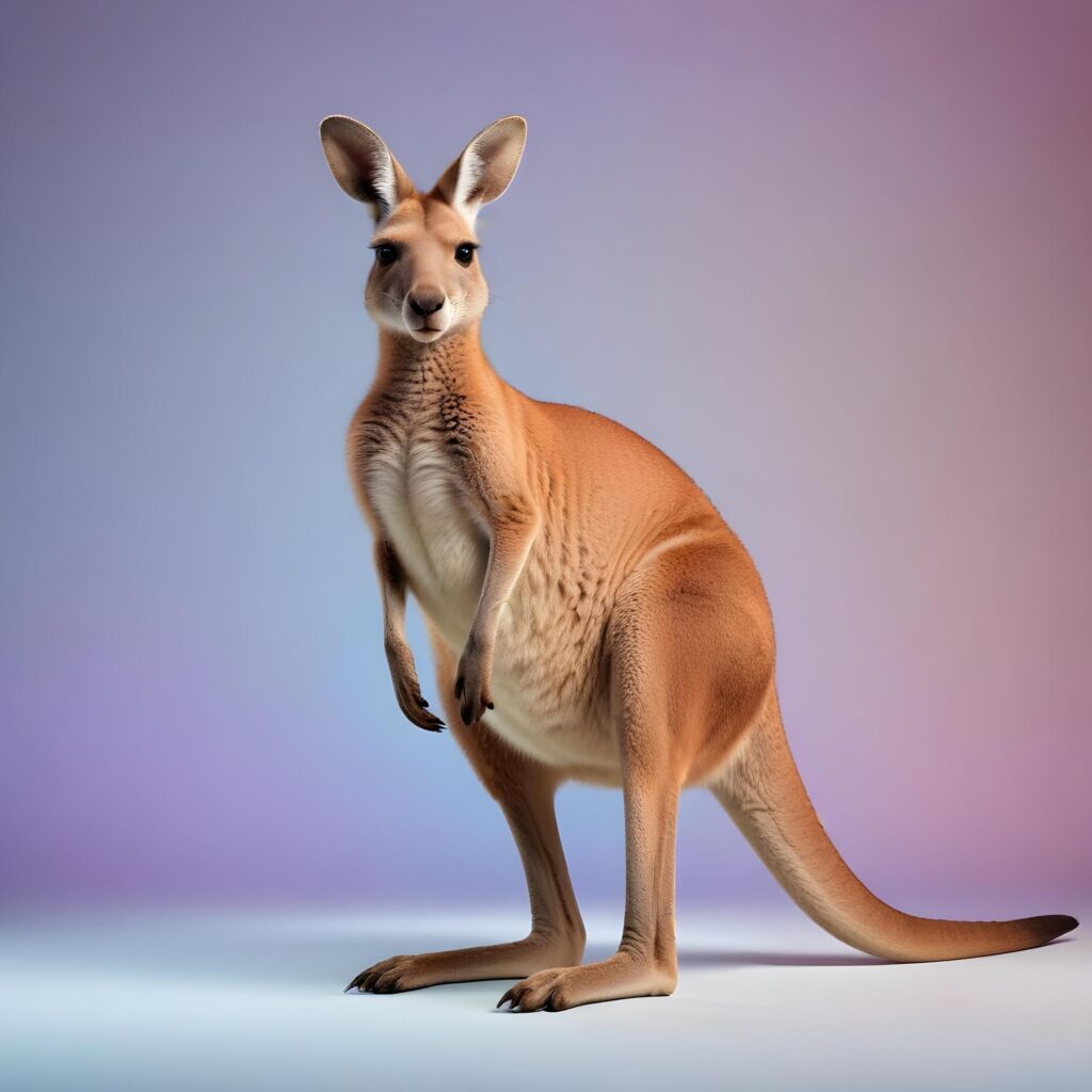 a kangaroo standing on its hind legs in front of a gray background Stock Free