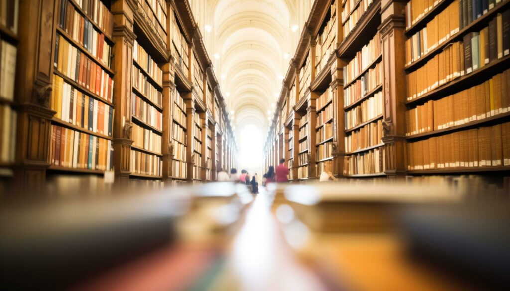 Education archives in a modern library, a student studying literature generated by AI Stock Free