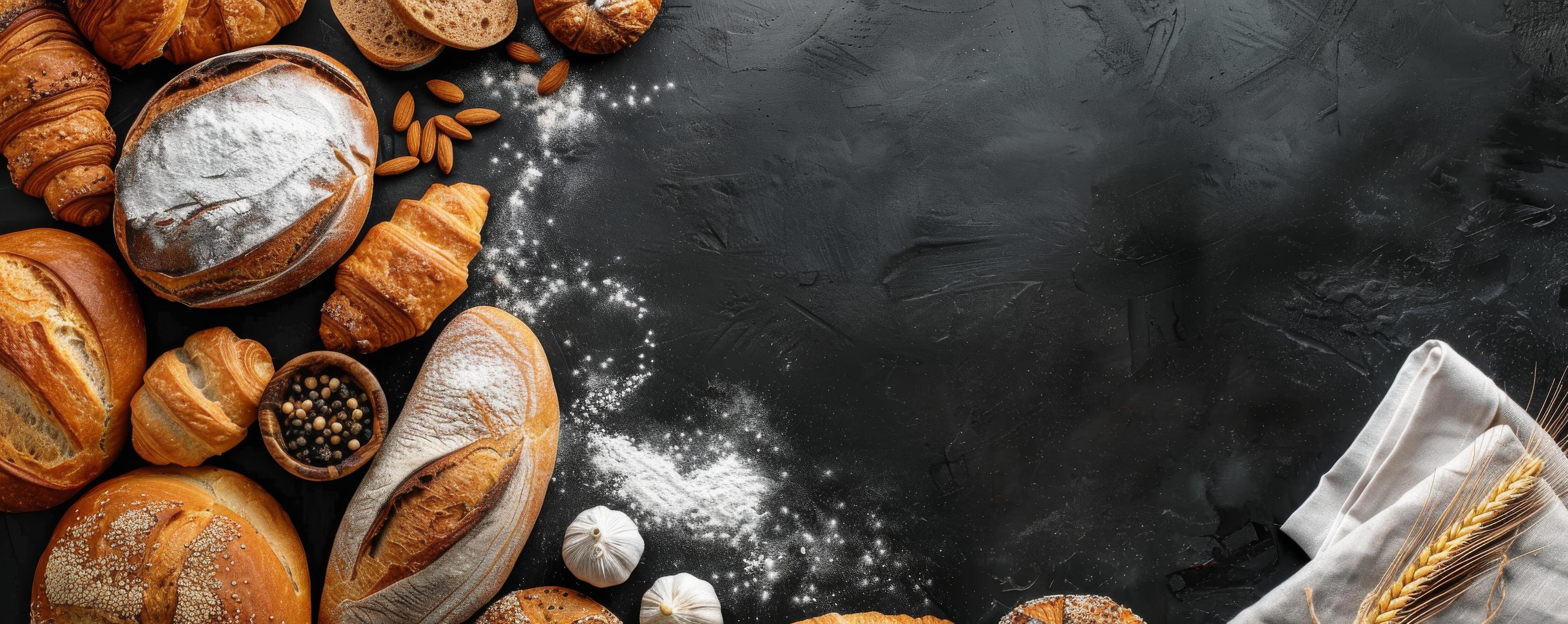 Freshly Baked Bread And Pastry Assortment On Black Background Stock Free