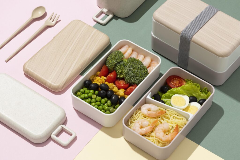 Top view composition food Japanese bento box Stock Free