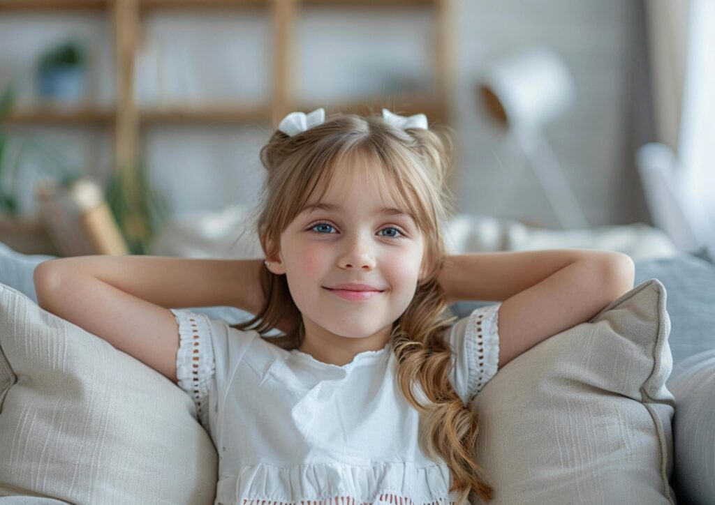 Adorable lovely cute girl sitting on sofa arms behind head enjoying vacation in comfy room day light indoors generated by AI. Free Photo