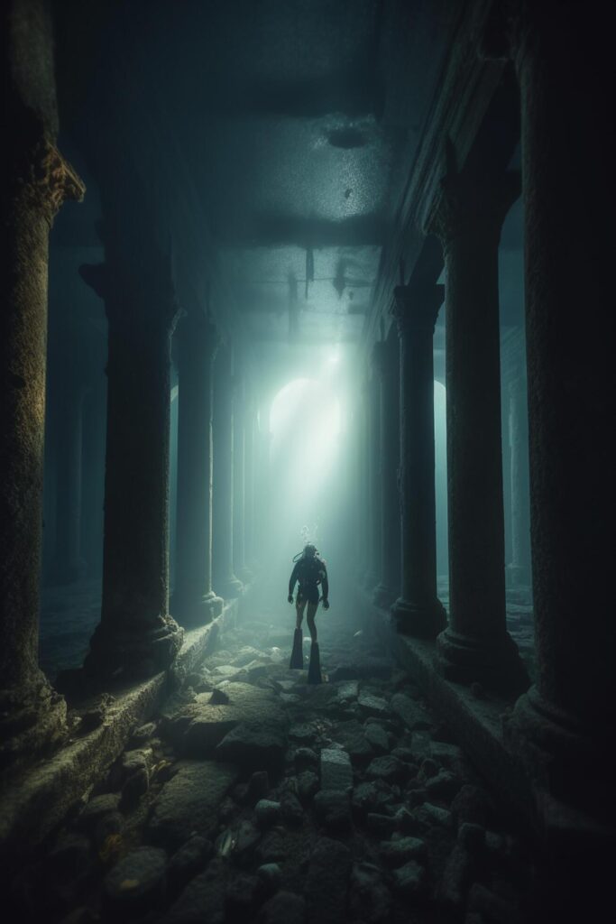 Exploring the Ancient Sunken Ruins Divers Beneath the Waves Stock Free