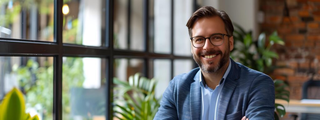 Confident Young Business Executive Smiling in Modern Office Environment Stock Free