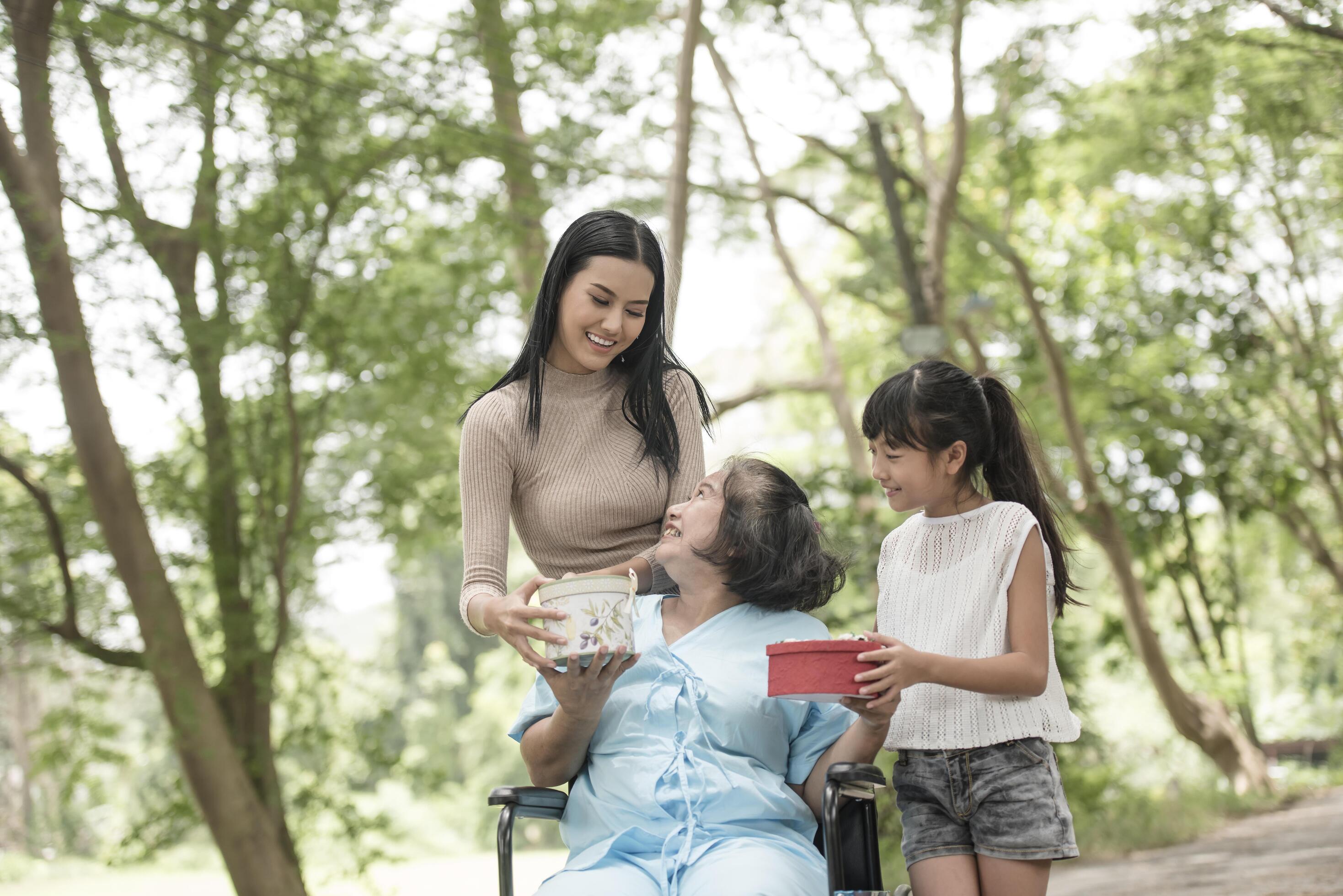 Granddaughter have surprise to grandmother sitting on wheelchair. Stock Free