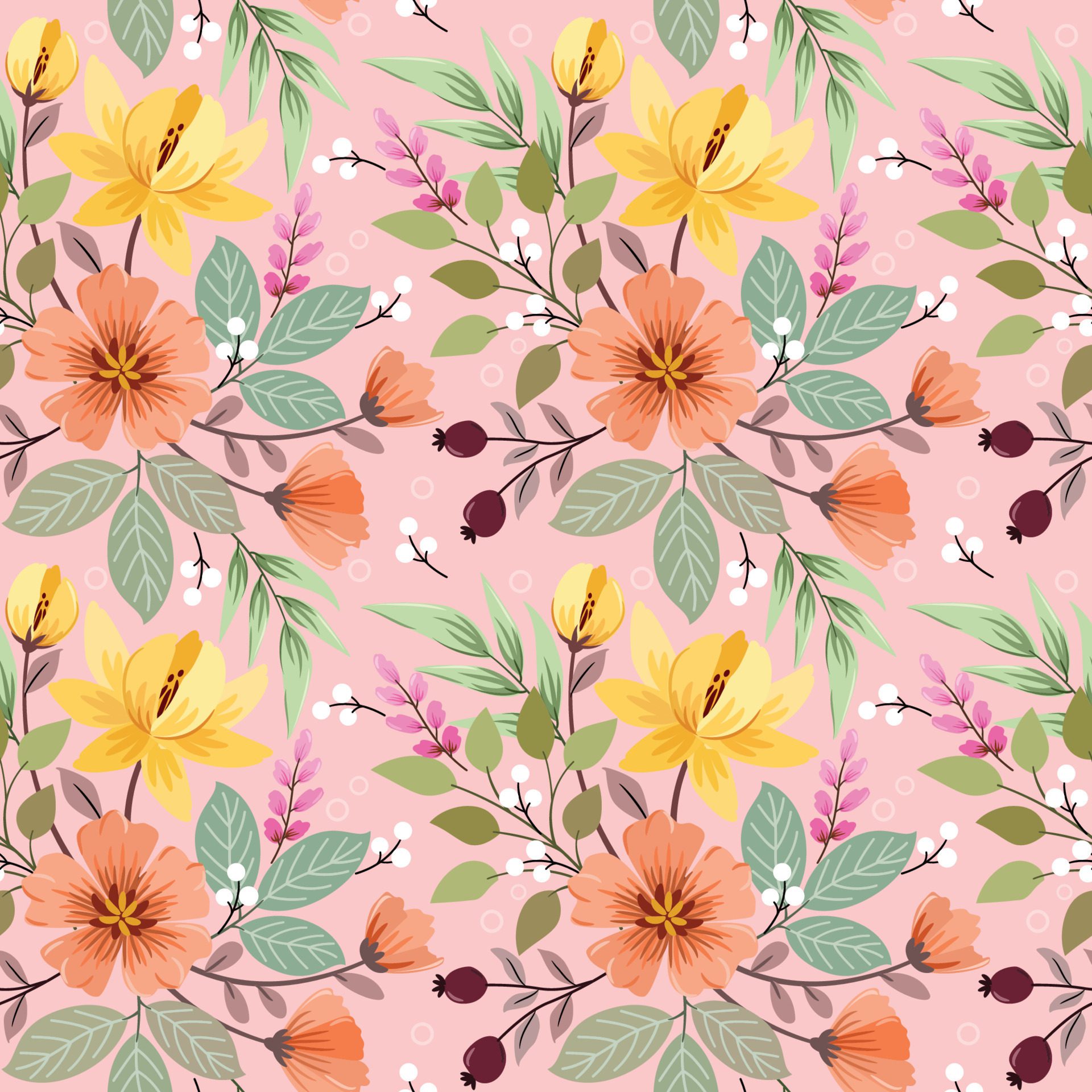 Colorful hand draw flowers seamless pattern. Free Vector