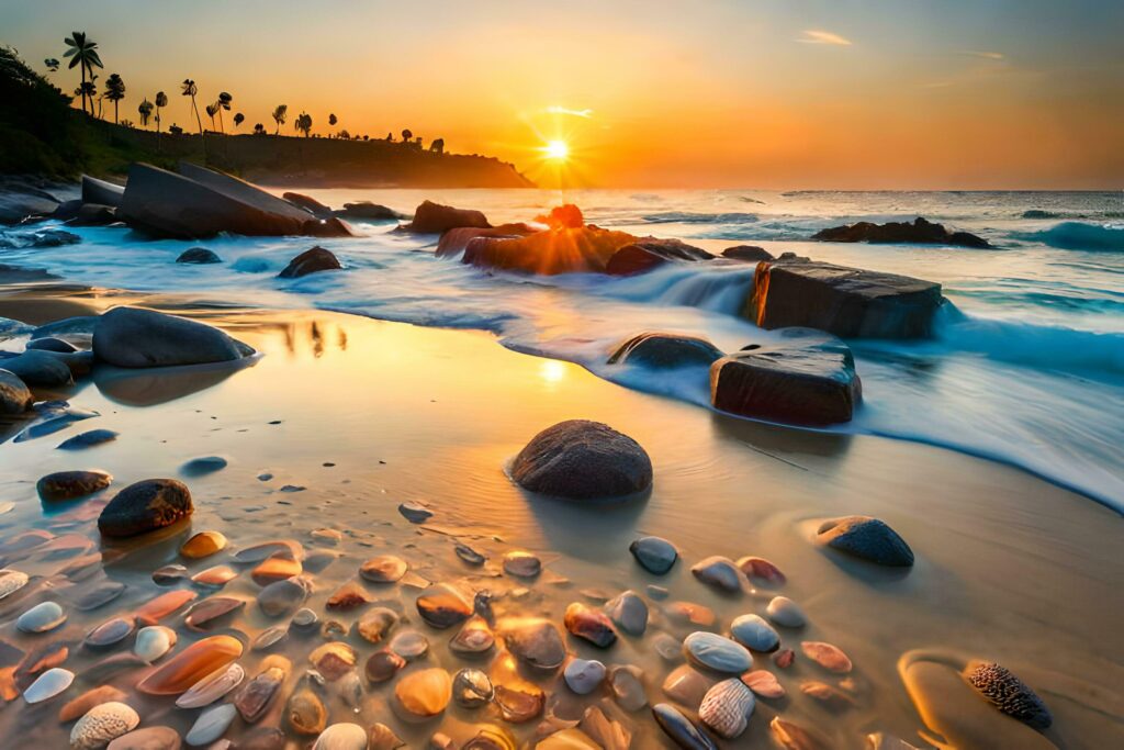 Tropical beach with rocks and sand at sunset. Nature background AI Generate Stock Free