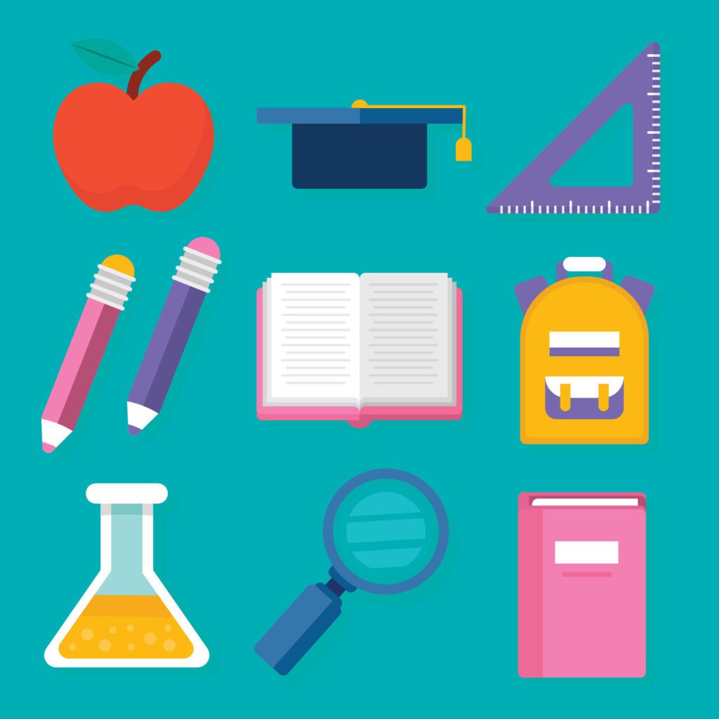 school supplies and books on a blue background Free Vector