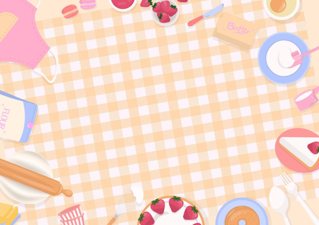 Cake and bakery ingredients on plaid tablecloth background Free Vector