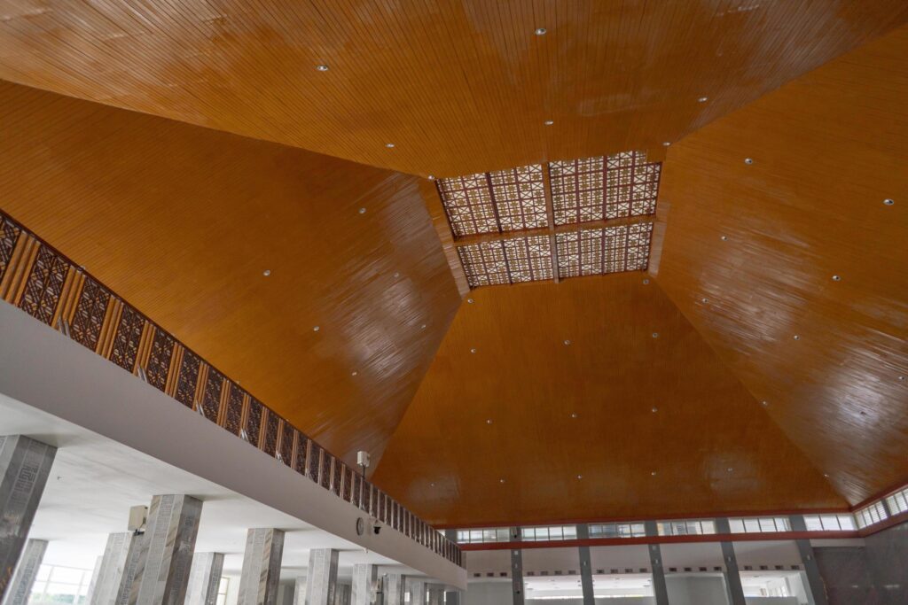 Interior agung mosque wudhu area, water fountain and roof. The photo is suitable to use for Ramadhan poster and Muslim content media. Stock Free