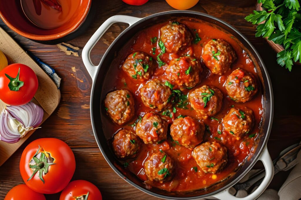 Mediterranean Magic Meatballs in Tomato and Wine Sauce with Folk Elegance Free Photo