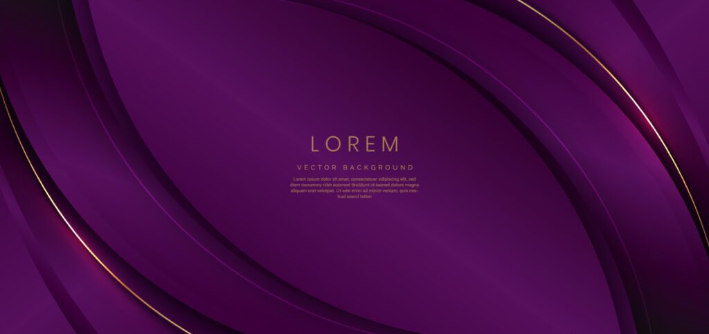 Abstract 3d curved violet background with gold lines curved wavy sparkle with copy space for text. Luxury style template design. Free Vector