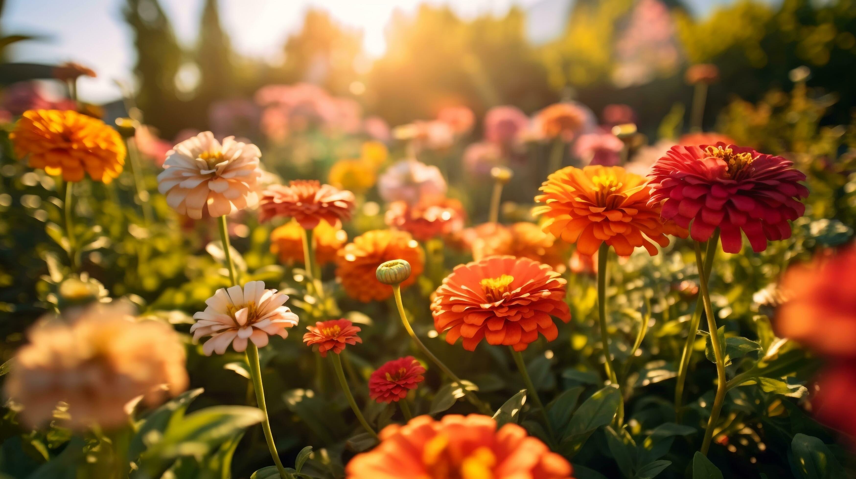 a vibrant flower garden in full bloom during golden hour, AI generated Stock Free