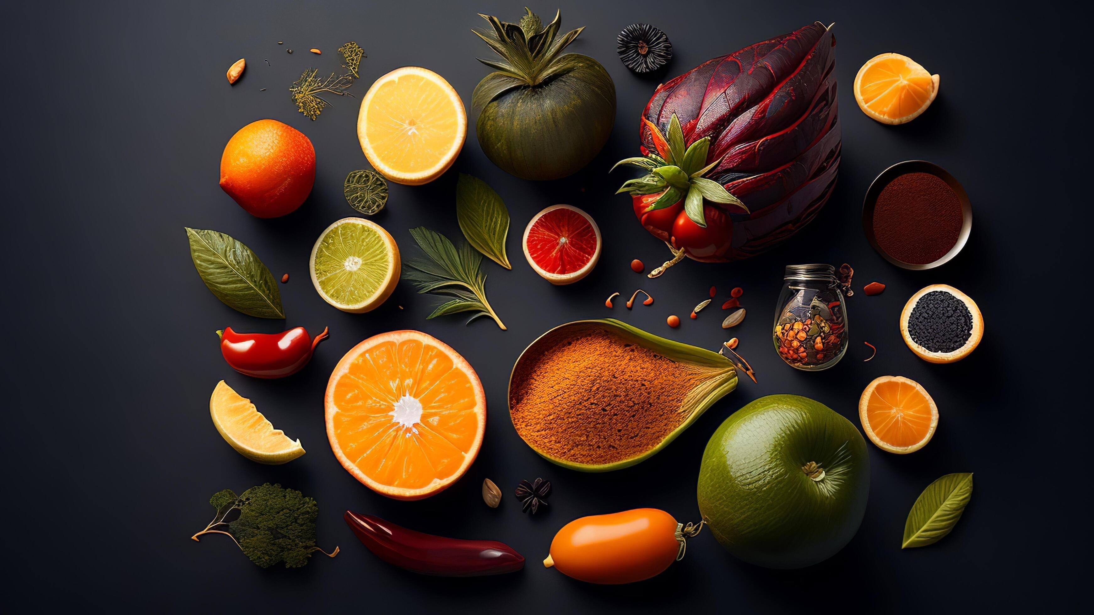 Fruits and vegetables on a black background. Healthy food concept. Stock Free