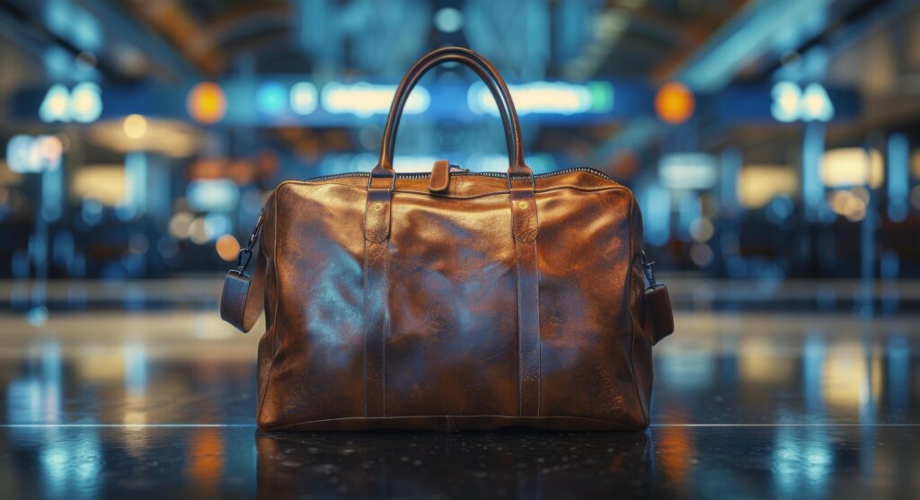 Brown Leather Travel Bag Resting on a Polished Floor in an Airport Stock Free