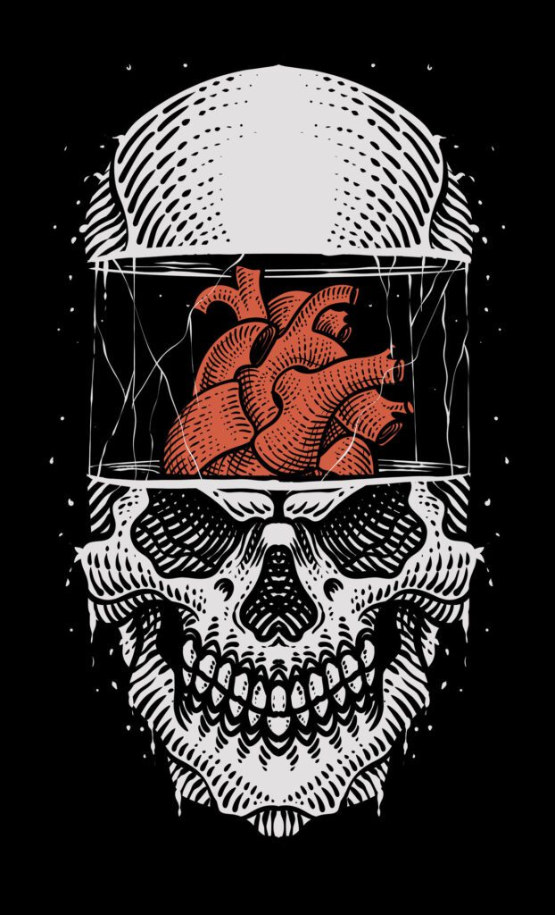 Illustration skull head with heart engraving style on black background Free Vector