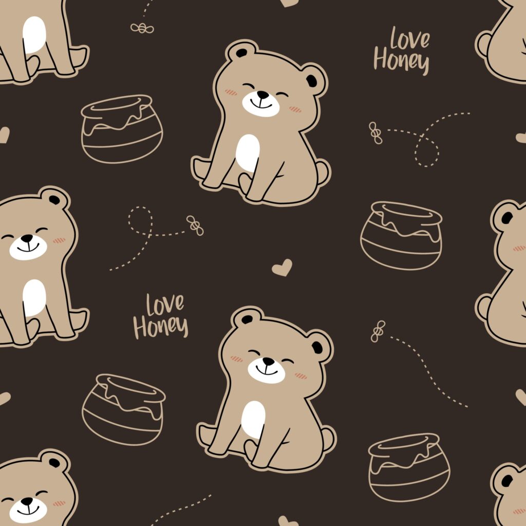 Print pattern of cute honey bear with brown backround Free Vector