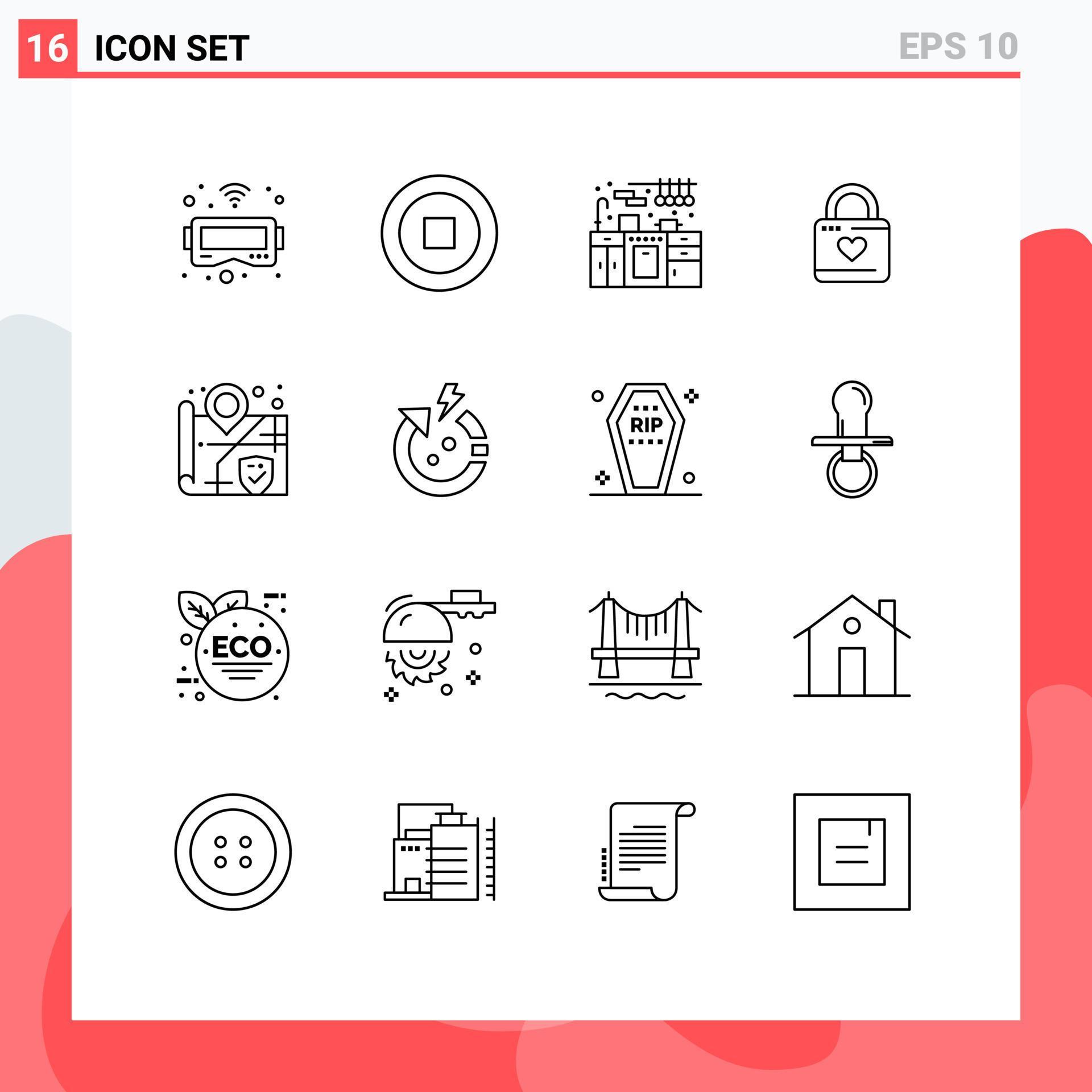 Universal Icon Symbols Group of 16 Modern Outlines of arrow security kitchen set location heart hacker Editable Vector Design Elements Stock Free