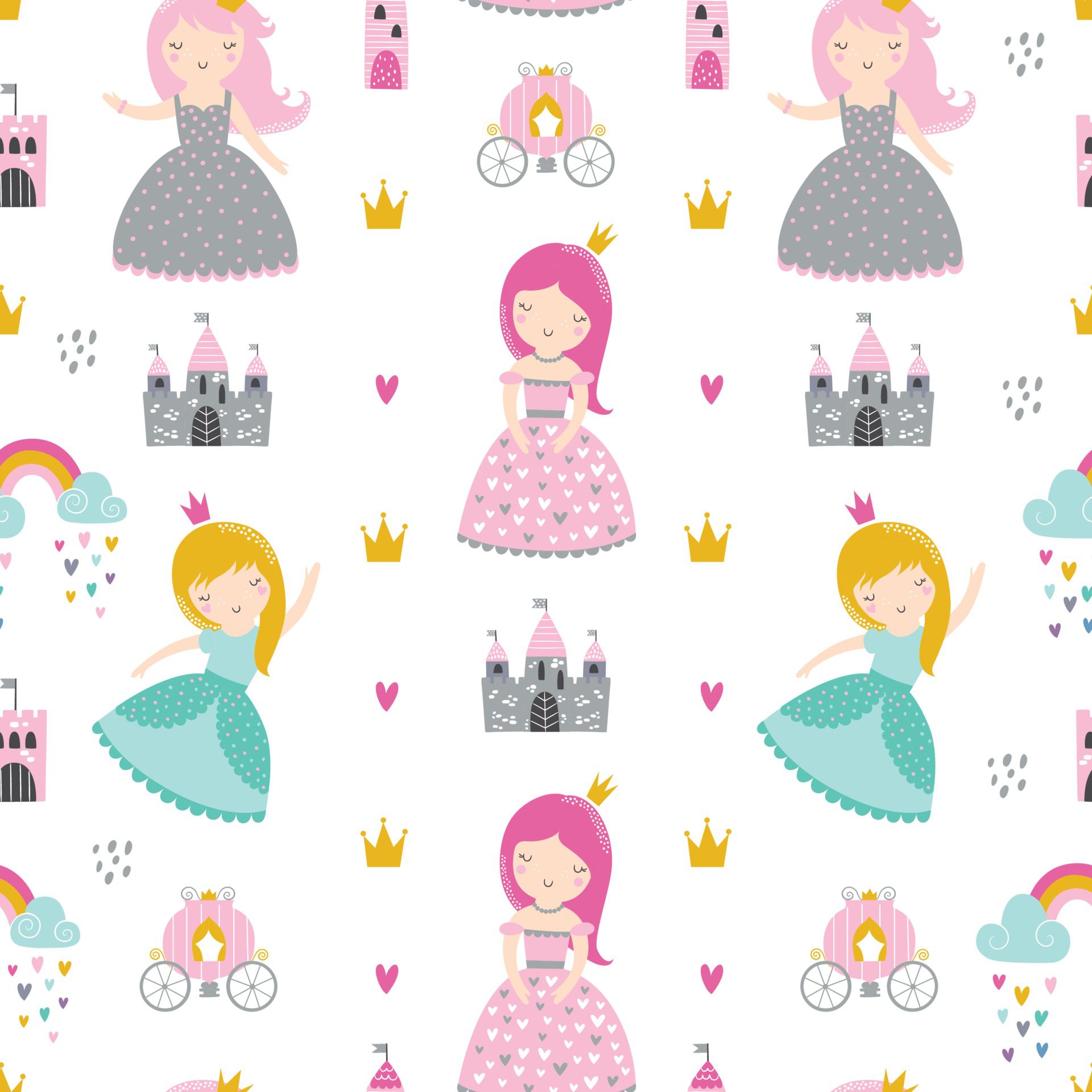 Childish seamless pattern with princess, castle, carriage Free Vector