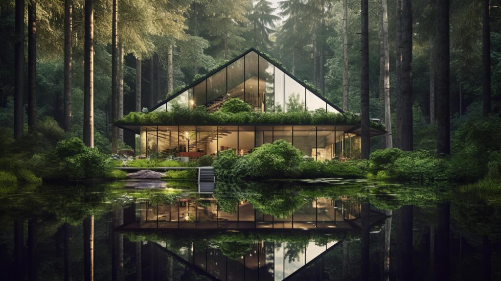 Form of a house-shaped pond located in a lush forest Illustration Stock Free