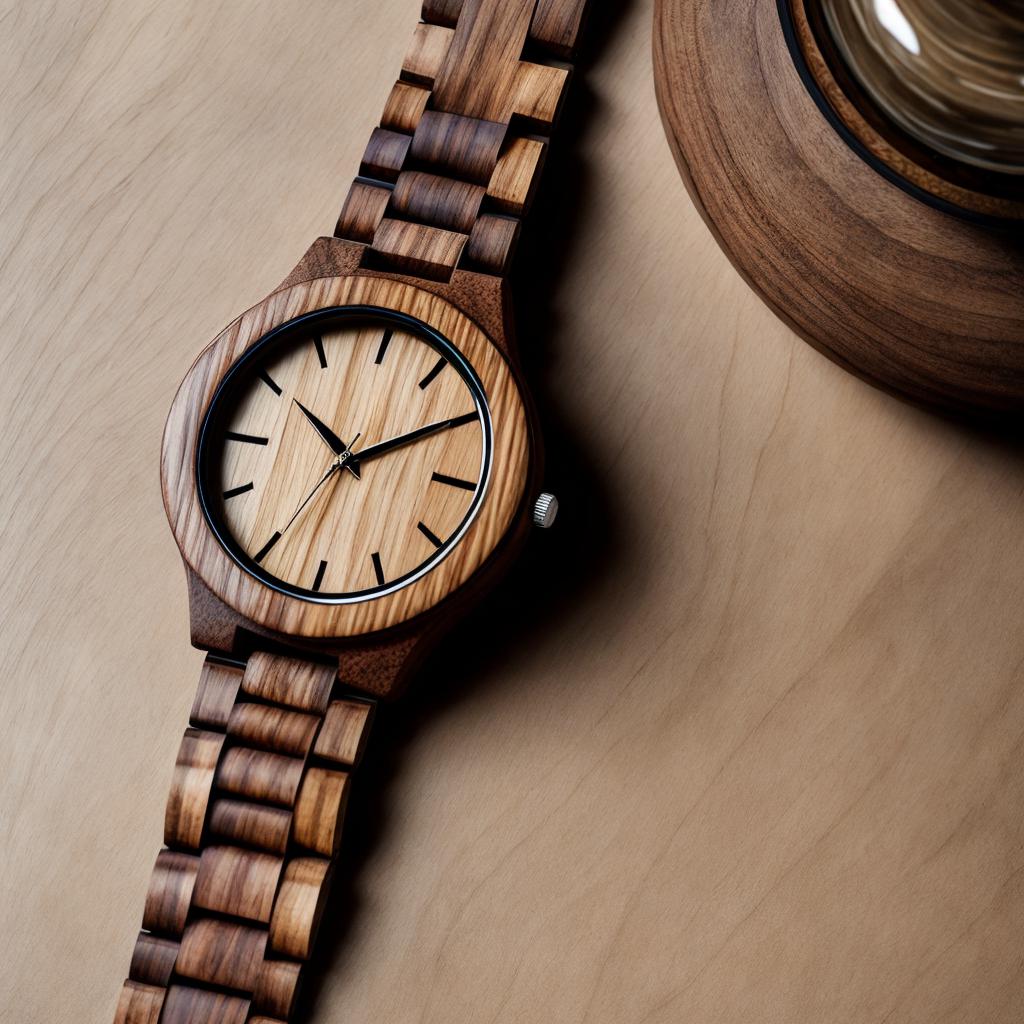 Wooden watch, intricate etching, by @ai_generated