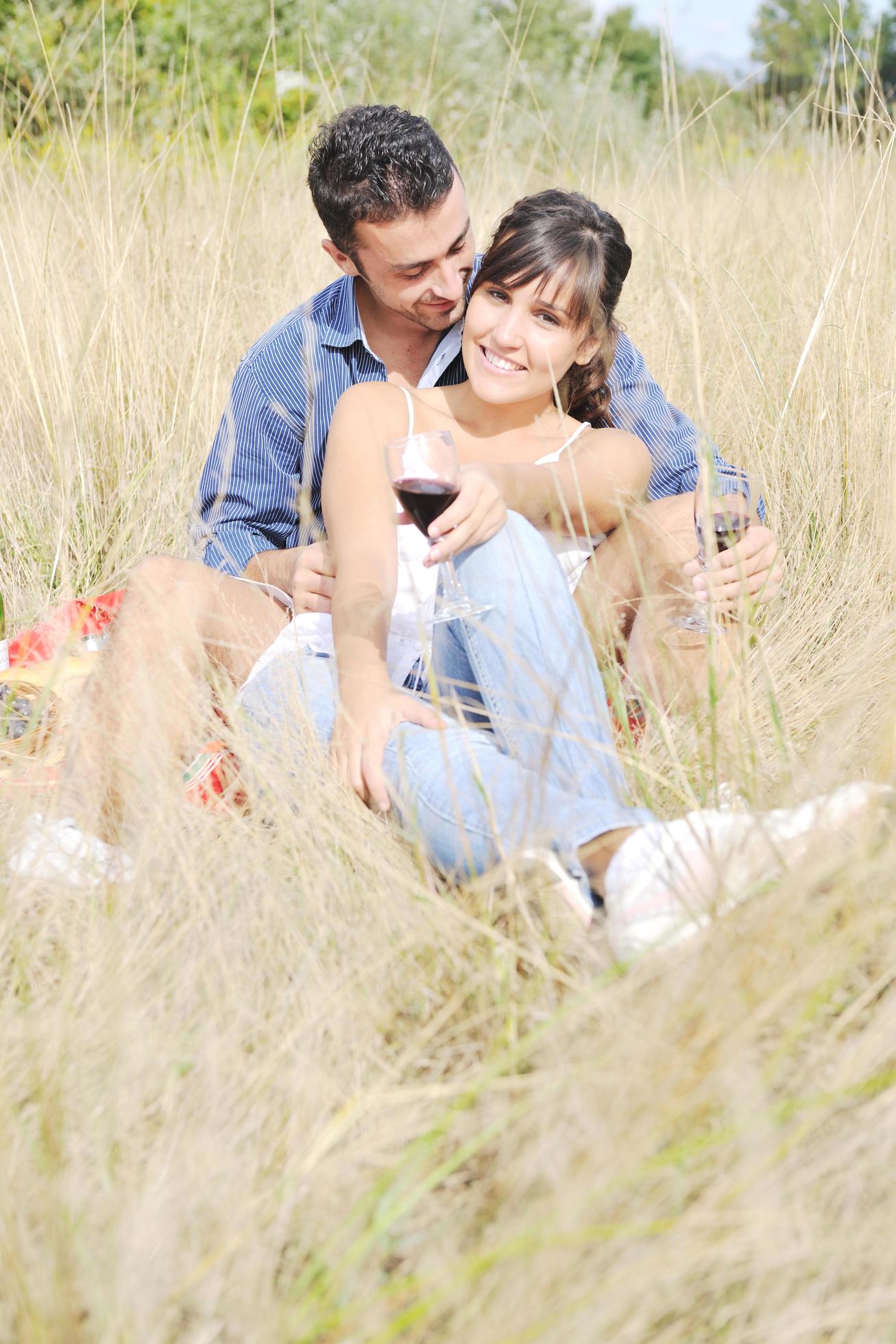 happy couple enjoying countryside picnic in long grass Stock Free