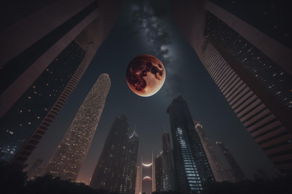 red moon between buildings. Stock Free