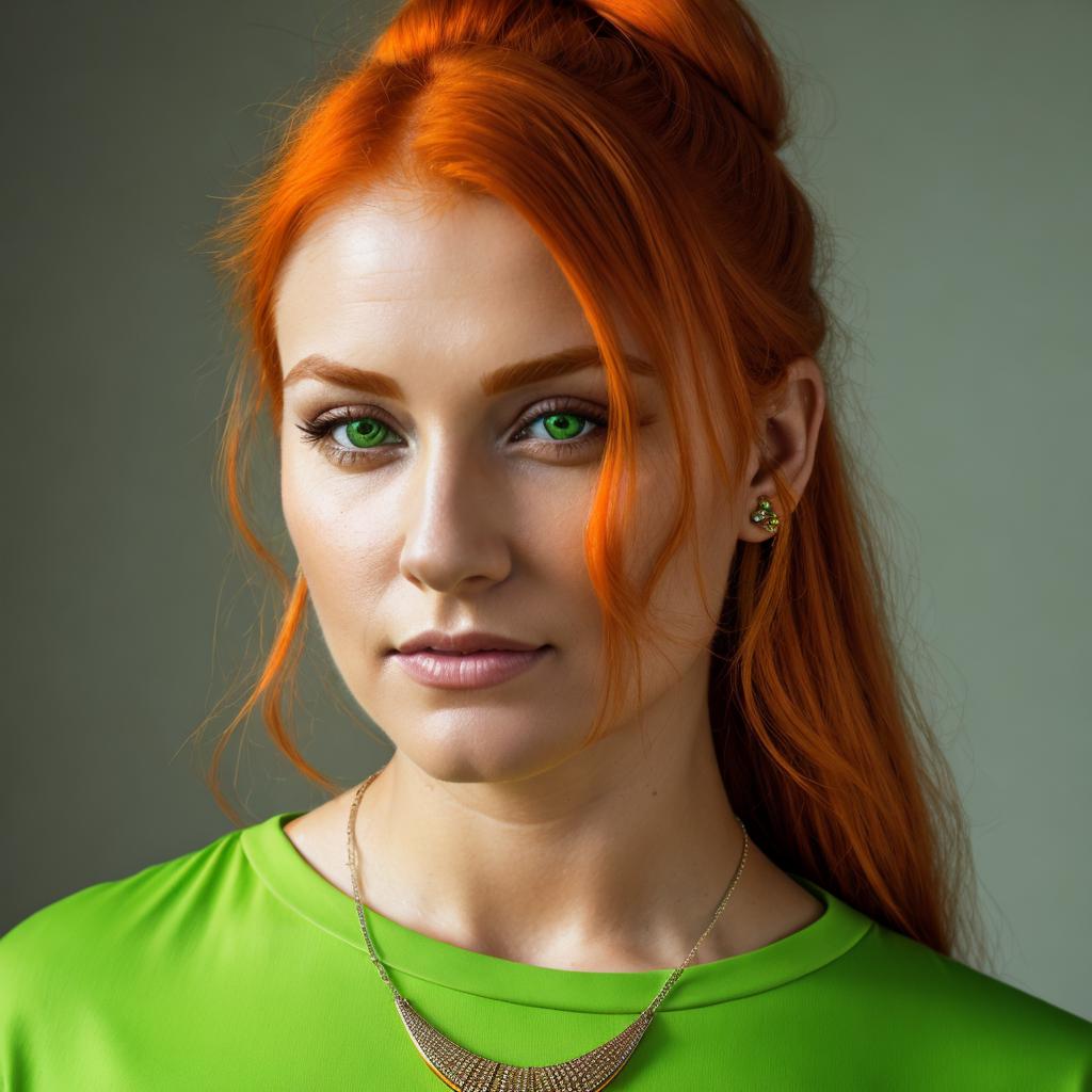 Orange-haired woman wearing green by @ai_generated