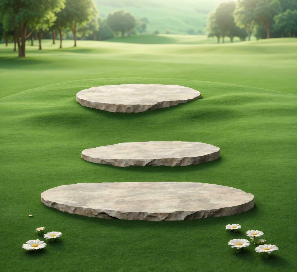 3d render of stone steps on green grass with daisies Free Photo