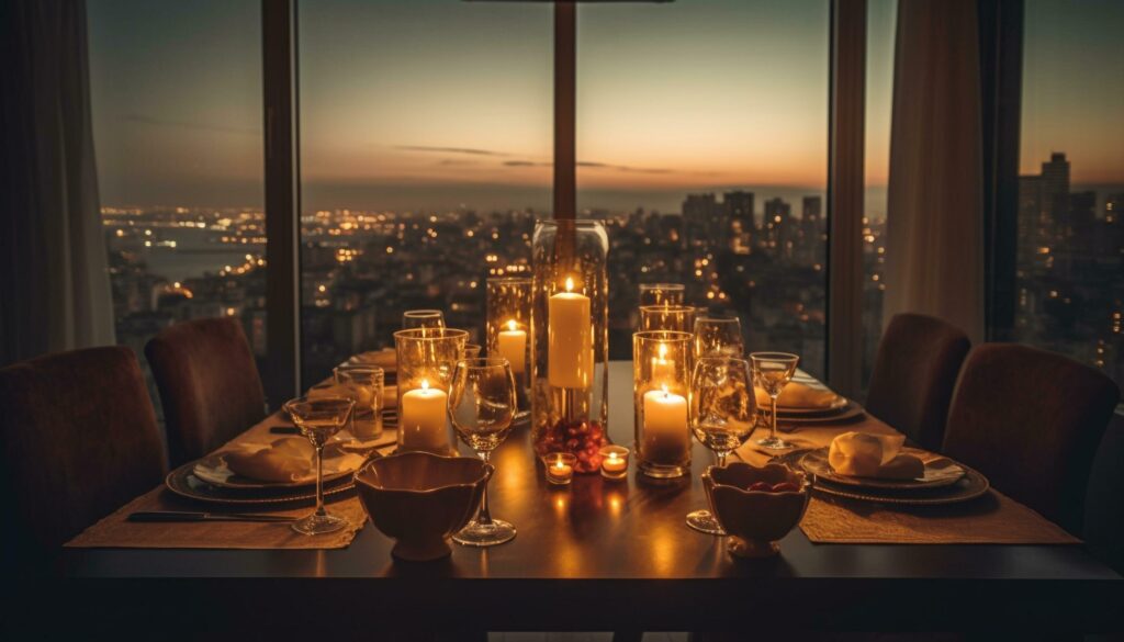 Candlelight illuminates luxurious dusk cityscape celebration meal generated by AI Stock Free