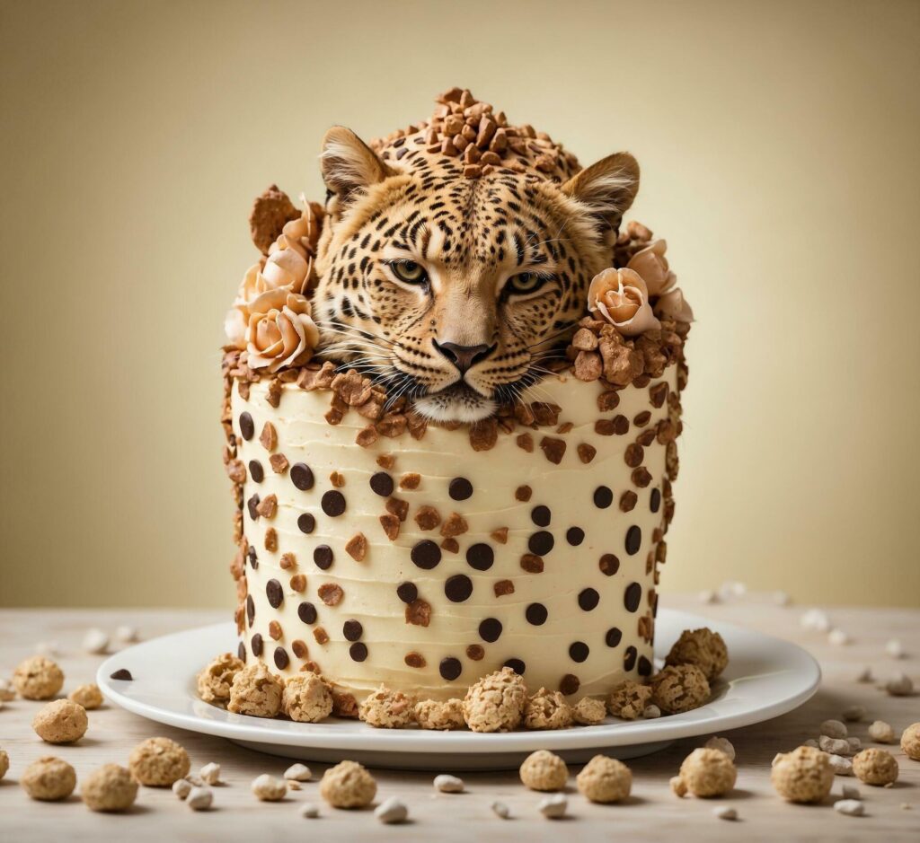 Cheetah cake with polka dots on a white plate. Free Photo