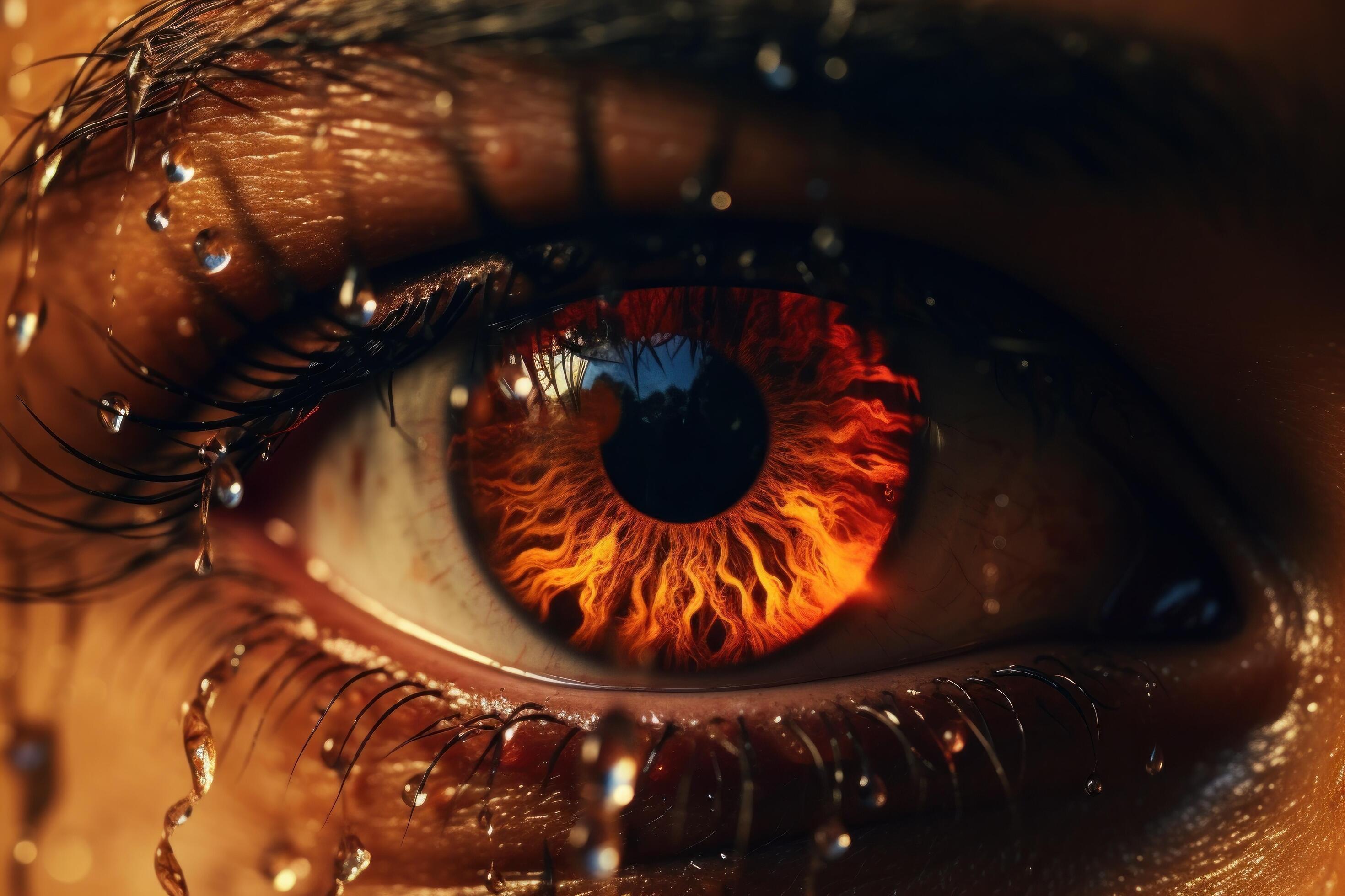 AI generated fire dripping down the eye of a person, uhd image, science fiction influences Stock Free