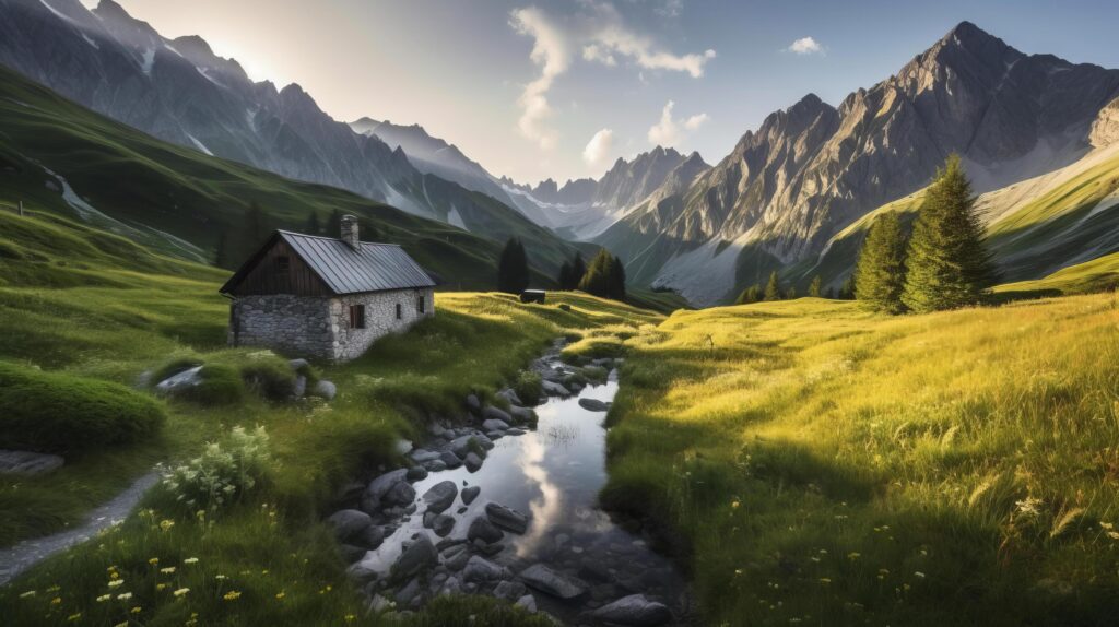 House in mountain meadow. Illustration Stock Free