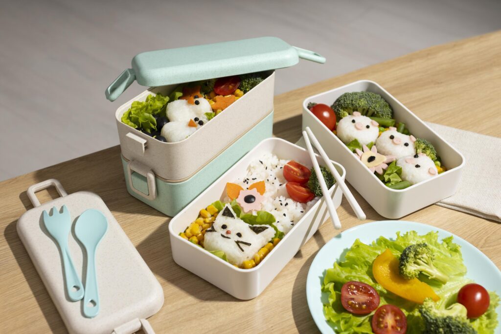 Top view composition food Japanese bento box Stock Free